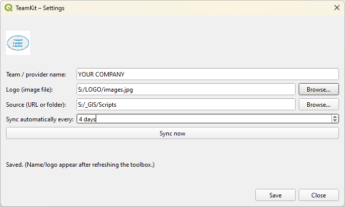 TeamKit settings dialog in QGIS