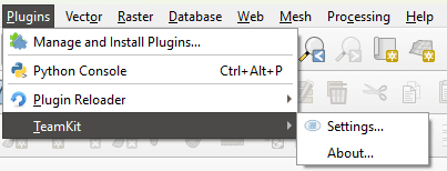 Plugins menu showing TeamKit entries