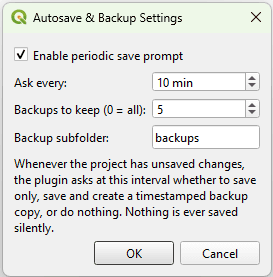 Autosave & Backup Settings dialog